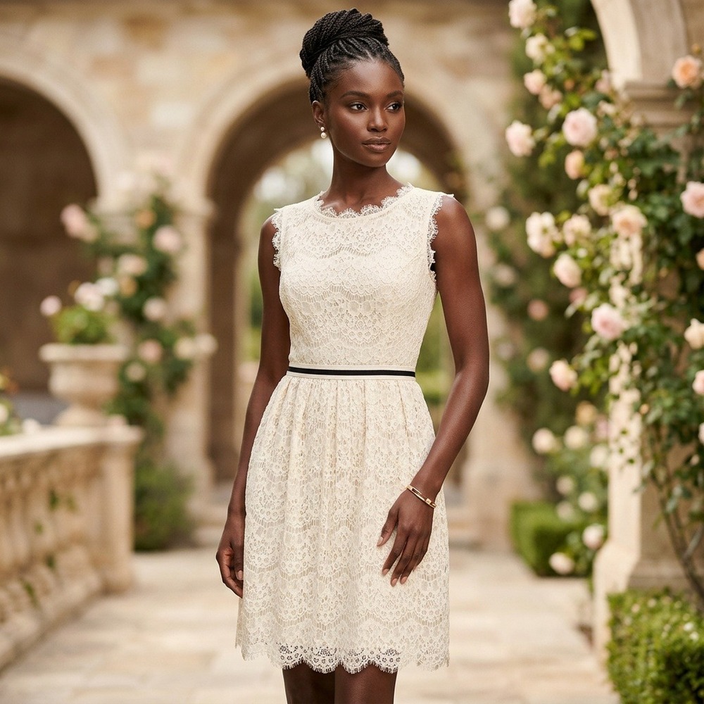 ARK & CO Womens Small Ivory Lace Sleeveless Fit Flare Dress Lined Black Trim